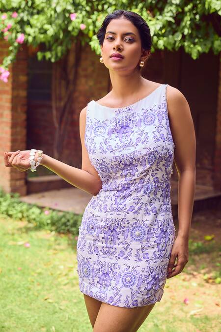 Buy Jade By Ashima Blue Satin, Crepe Pearls, Embroidery Boat Neck Vision Floral Print Dress Online at Aza Fashions Buy_Jade By Ashima_Blue Satin, Crepe Pearls, Embroidery Boat Neck Vision Floral Print Dress _Online_at_Aza_Fashions