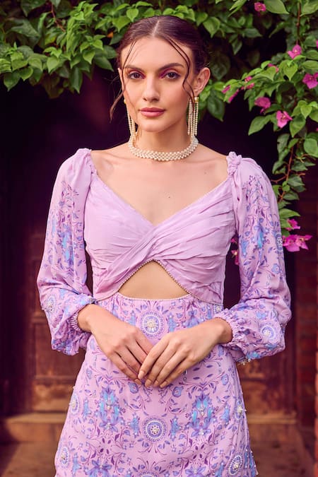 Shop Jade By Ashima Purple Cotton Embroidery, Pearls Sweetheart Wisteria Waves Short Draped Dress Online at Aza Fashions Shop_Jade By Ashima_Purple Cotton Embroidery, Pearls Sweetheart Wisteria Waves Short Draped Dress _Online_at_Aza_Fashions