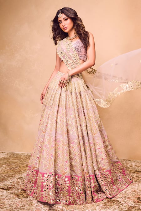 Abhinav Mishra Pink Lehenga Chanderi Embroidery Gota V Neck Hand Bridal Set 