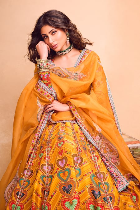 Torani Yellow Jeni Silk Printed Floral Sweetheart Dil Seher Uma Geometric Lehenga Set 