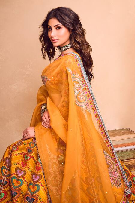 Torani_Yellow Organza, Jersey Dil Seher Uma Floral Geometric Print Lehenga Set _Online_at_Aza_Fashions