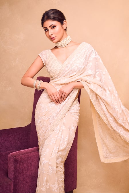 Seema Gujral Beige Georgette Embroidered Resham Plunged V Floral Saree With Blouse 