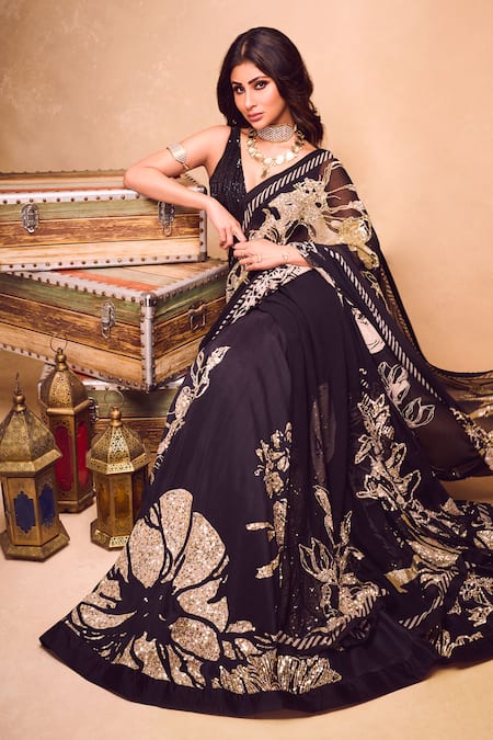 Varun Bahl Black Georgette Printed Sequins V Neck Saree With Bead Embroidered Blouse 