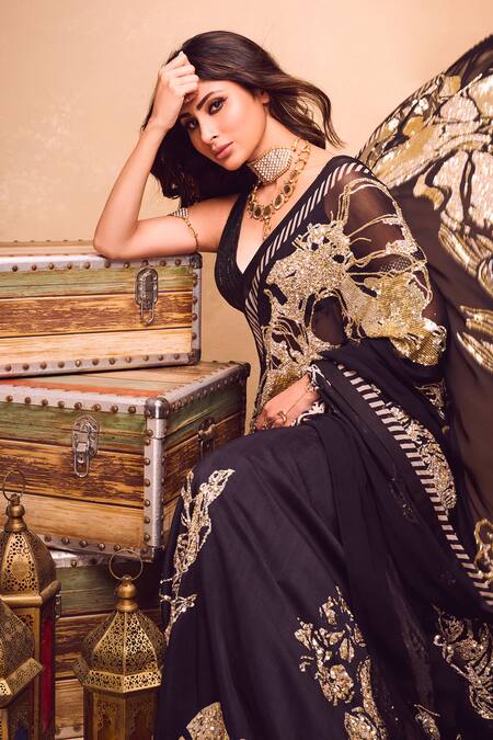 Varun Bahl_Black Georgette Sequins, Zari, Beads Printed Saree With Embroidered Blouse _Online_at_Aza_Fashions