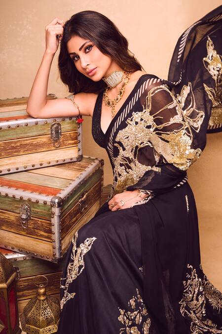 Buy_Varun Bahl_Black Georgette Sequins, Zari, Beads Printed Saree With Embroidered Blouse _Online_at_Aza_Fashions