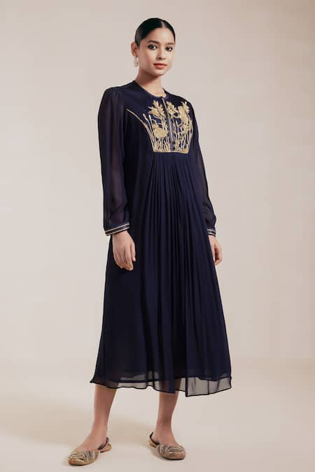 Rasasvada Blue Georgette Embroidery Gardenia U Neck Yoke Gathered Dress With Inner 