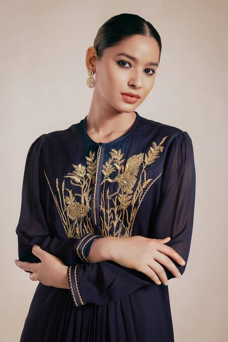 Rasasvada_Blue Georgette Embroidery Round Neck Gardenia Yoke Gathered Dress With Inner _Online_at_Aza_Fashions