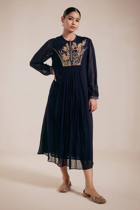 Buy_Rasasvada_Blue Georgette Embroidery Round Neck Gardenia Yoke Gathered Dress With Inner _Online_at_Aza_Fashions