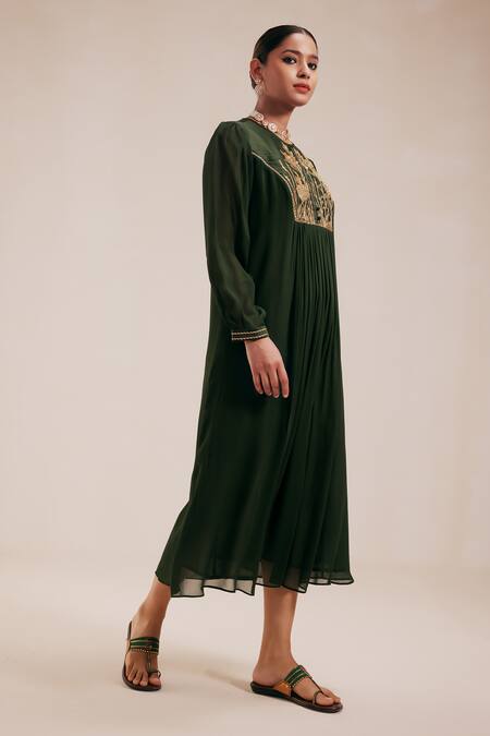 Rasasvada_Green Georgette Embroidery Round Gardenia Fleur Yoke Gathered Dress With Inner _Online_at_Aza_Fashions