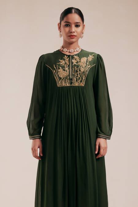 Shop_Rasasvada_Green Georgette Embroidery Round Gardenia Fleur Yoke Gathered Dress With Inner _Online_at_Aza_Fashions