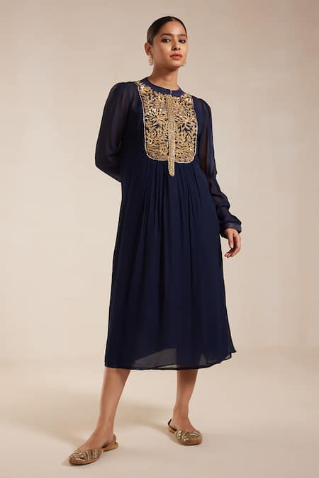 Rasasvada Blue Georgette Embroidery Bahar Mandarin Collar Yoke Gathered Dress With Inner 