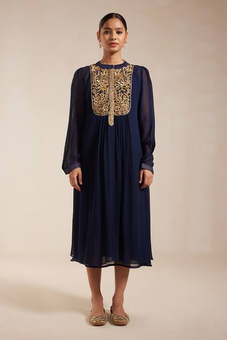 Rasasvada_Blue Georgette Embroidery Mandarin Collar Bahar Yoke Gathered Dress With Inner _Online_at_Aza_Fashions
