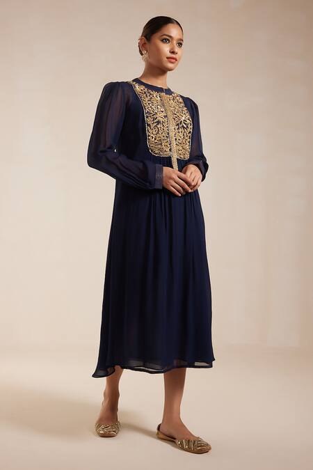 Buy_Rasasvada_Blue Georgette Embroidery Mandarin Collar Bahar Yoke Gathered Dress With Inner _Online_at_Aza_Fashions