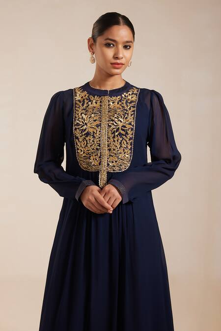 Shop_Rasasvada_Blue Georgette Embroidery Mandarin Collar Bahar Yoke Gathered Dress With Inner _Online_at_Aza_Fashions