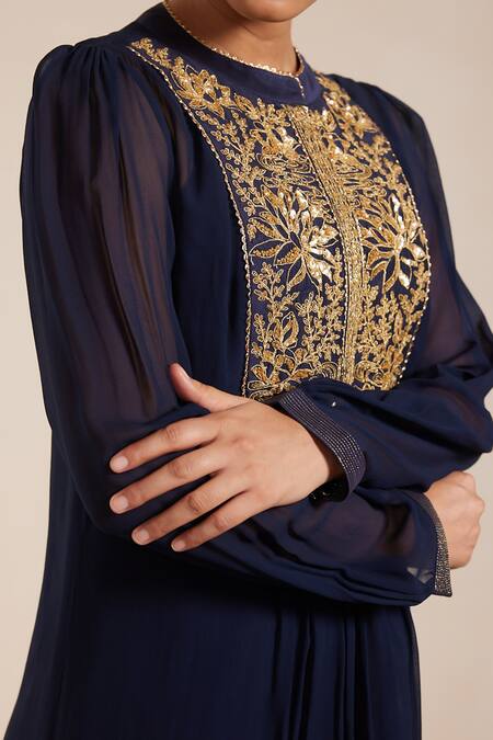 Rasasvada_Blue Georgette Embroidery Mandarin Collar Bahar Yoke Gathered Dress With Inner _at_Aza_Fashions