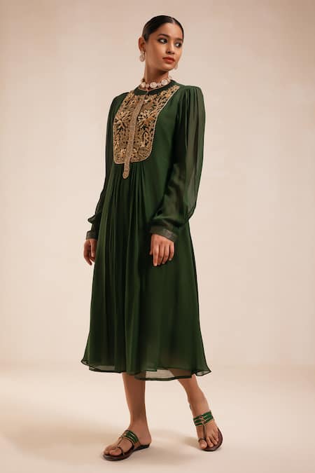 Rasasvada_Green Georgette Embroidery Mandarin Gulbahar Yoke Gathered Dress With Inner _Online_at_Aza_Fashions