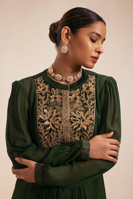 Buy_Rasasvada_Green Georgette Embroidery Mandarin Gulbahar Yoke Gathered Dress With Inner _Online_at_Aza_Fashions