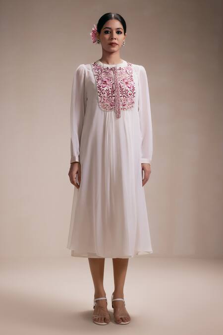 Rasasvada Pink Georgette Embroidery Mandarin Collar Padma Yoke Gathered Dress With Inner Online at Aza Fashions Rasasvada_Pink Georgette Embroidery Mandarin Collar Padma Yoke Gathered Dress With Inner _Online_at_Aza_Fashions