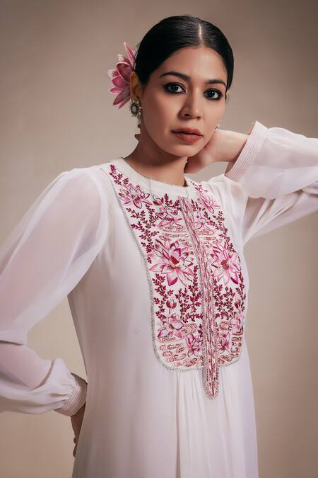 Buy Rasasvada Pink Georgette Embroidery Mandarin Collar Padma Yoke Gathered Dress With Inner Online at Aza Fashions Buy_Rasasvada_Pink Georgette Embroidery Mandarin Collar Padma Yoke Gathered Dress With Inner _Online_at_Aza_Fashions