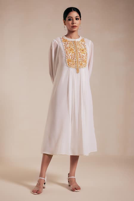 Rasasvada Lotus Yoke Embroidered Gathered Dress With Inner 