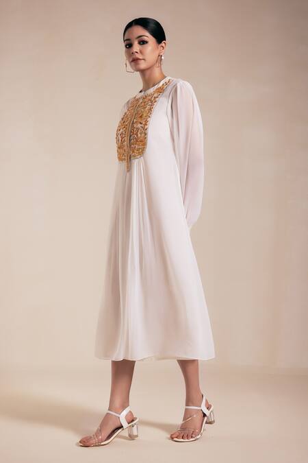 Rasasvada_Yellow Georgette Embroidery Mandarin Lotus Yoke Gathered Dress With Inner _Online_at_Aza_Fashions