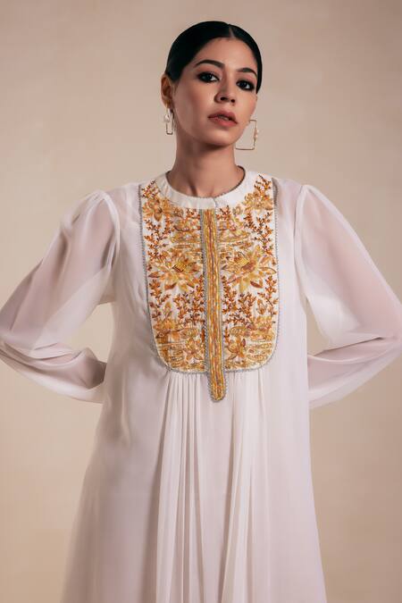 Buy_Rasasvada_Yellow Georgette Embroidery Mandarin Lotus Yoke Gathered Dress With Inner _Online_at_Aza_Fashions