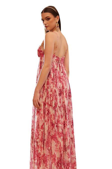 Shop Rasasvada Pink Georgette Beads, Sequins Tropical Wonder Print And Embellished Maxi Dress Shop_Rasasvada_Pink Georgette Beads, Sequins Tropical Wonder Print And Embellished Maxi Dress
