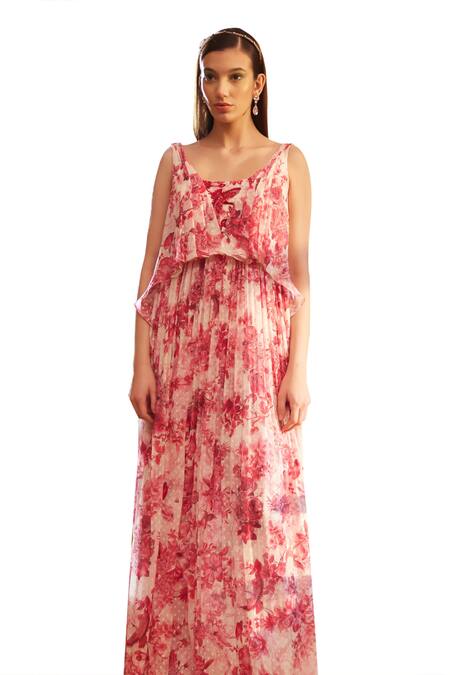 Buy_Rasasvada_Pink Georgette Sequins, Beads Tropical Bloom Print And Embellished Maxi Dress _Online_at_Aza_Fashions