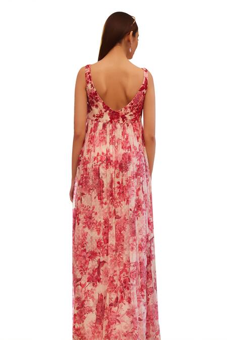 Shop_Rasasvada_Pink Georgette Sequins, Beads Tropical Bloom Print And Embellished Maxi Dress _Online_at_Aza_Fashions