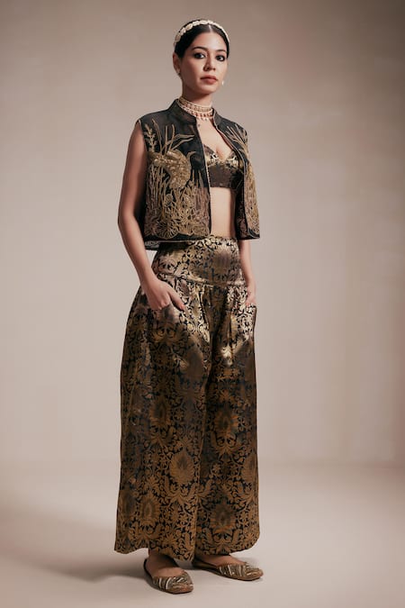 Rasasvada_Black Organza, Brocade Embroidery Mandarin Collar Bird Paradise Jacket Set _Online_at_Aza_Fashions