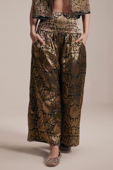 Buy_Rasasvada_Black Organza, Brocade Embroidery Mandarin Collar Bird Paradise Jacket Set _Online_at_Aza_Fashions