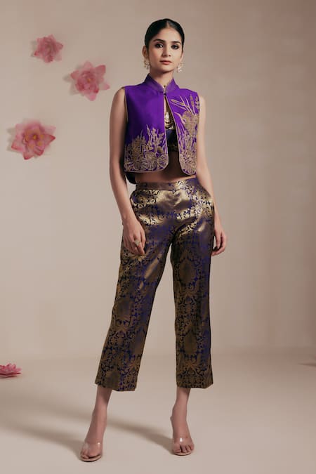 Rasasvada Bird Garden Embroidered Crop Jacket Pant Set 