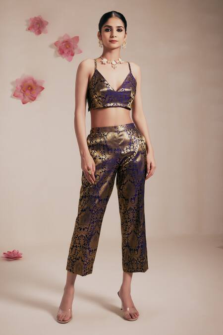 Rasasvada_Purple Silk, Brocade Embroidery Mandarin Bird Garden Crop Jacket Pant Set _Online_at_Aza_Fashions