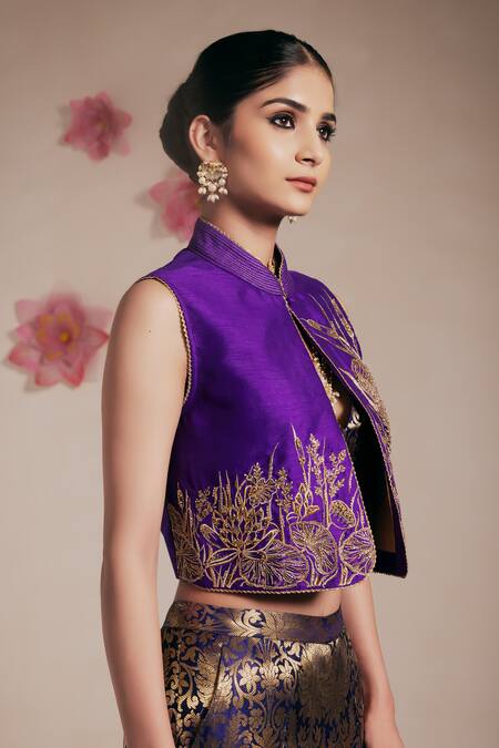 Shop_Rasasvada_Purple Silk, Brocade Embroidery Mandarin Bird Garden Crop Jacket Pant Set _Online_at_Aza_Fashions