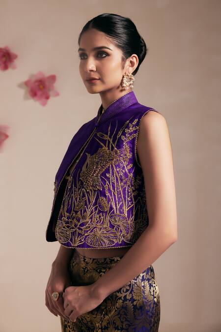Rasasvada_Purple Silk, Brocade Embroidery Mandarin Bird Garden Crop Jacket Pant Set _at_Aza_Fashions