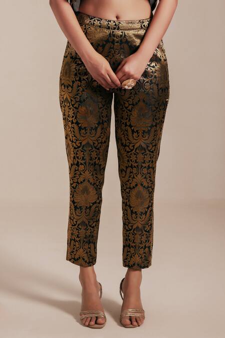 Rasasvada_Black Organza, Silk, Brocade Embroidery Paisley Garden Crop Jacket Pant Set _Online_at_Aza_Fashions