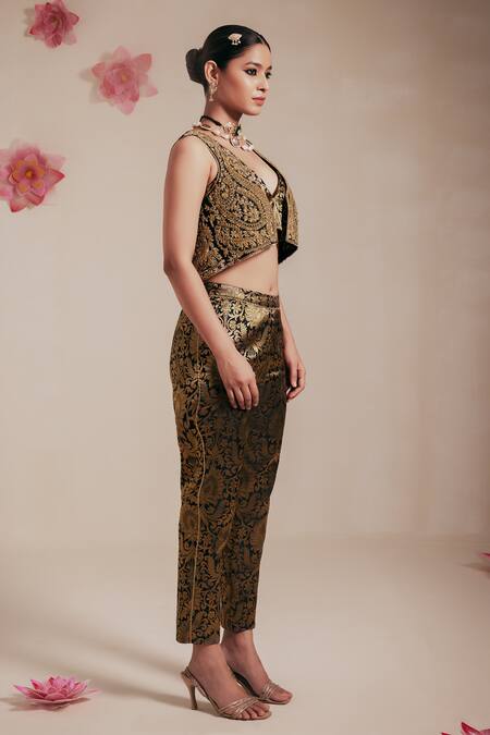 Buy_Rasasvada_Black Organza, Silk, Brocade Embroidery Paisley Garden Crop Jacket Pant Set _Online_at_Aza_Fashions