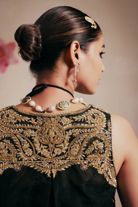 Rasasvada_Black Organza, Silk, Brocade Embroidery Paisley Garden Crop Jacket Pant Set _at_Aza_Fashions