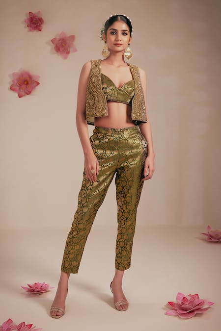 Rasasvada Green Dupion Silk Woven Paisley Bloom Plunging Embroidered Crop Jacket Pant Set 