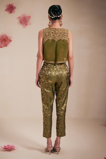 Rasasvada Paisley Bloom Embroidered Crop Jacket Pant Set 