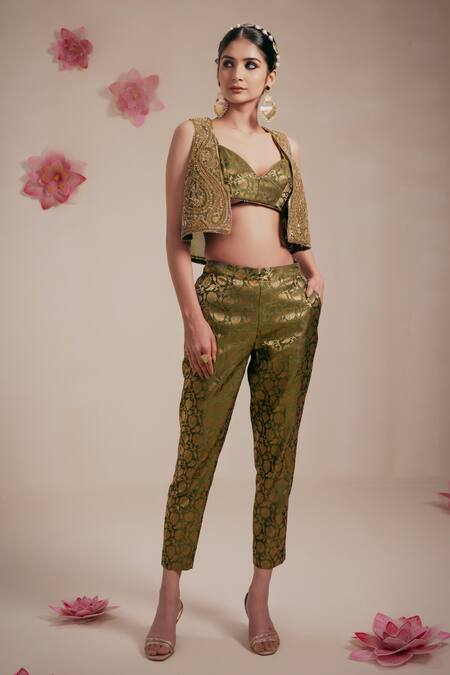 Rasasvada_Green Organza, Silk, Brocade Embroidery Paisley Bloom Crop Jacket Pant Set _Online_at_Aza_Fashions