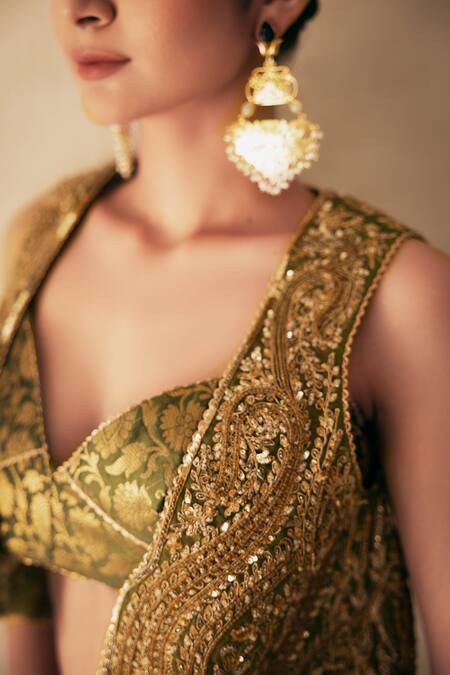 Shop_Rasasvada_Green Organza, Silk, Brocade Embroidery Paisley Bloom Crop Jacket Pant Set _Online_at_Aza_Fashions