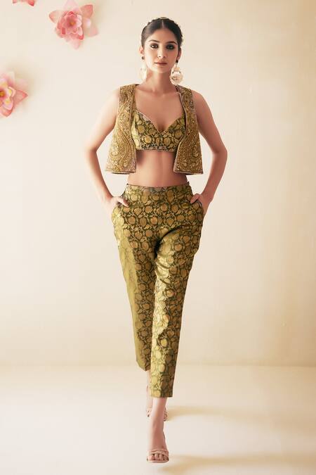 Rasasvada_Green Organza, Silk, Brocade Embroidery Paisley Bloom Crop Jacket Pant Set _at_Aza_Fashions