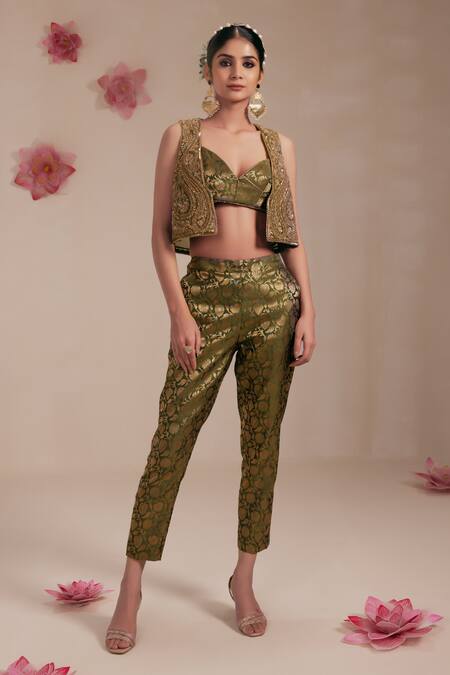 Buy_Rasasvada_Green Organza, Silk, Brocade Embroidery Paisley Bloom Crop Jacket Pant Set 