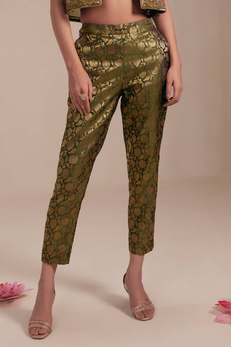 Shop_Rasasvada_Green Organza, Silk, Brocade Embroidery Paisley Bloom Crop Jacket Pant Set 