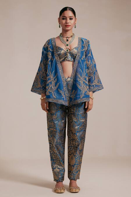 Rasasvada_Blue Organza, Brocade Embroidery Open Neck, Vine Bloom Kimono Jacket Pant Set _Online_at_Aza_Fashions