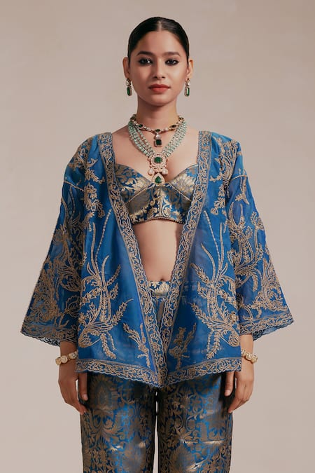 Buy_Rasasvada_Blue Organza, Brocade Embroidery Open Neck, Vine Bloom Kimono Jacket Pant Set _Online_at_Aza_Fashions