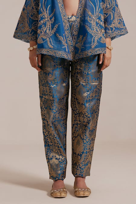 Shop_Rasasvada_Blue Organza, Brocade Embroidery Open Neck, Vine Bloom Kimono Jacket Pant Set _Online_at_Aza_Fashions