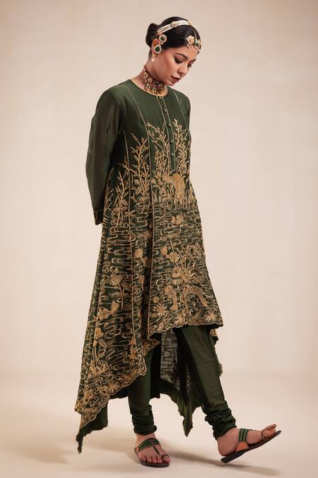 Rasasvada_Green Chanderi Embroidery Round Neck Victorian Garden High Low Anarkali Set _Online_at_Aza_Fashions