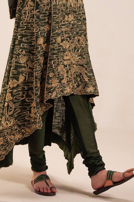 Buy_Rasasvada_Green Chanderi Embroidery Round Neck Victorian Garden High Low Anarkali Set _Online_at_Aza_Fashions
